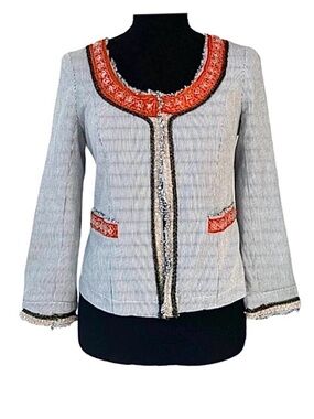 FREE PEOPLE ~ Artisan Gray Jacket w/Red, Black and Ivory Sequins and Beads